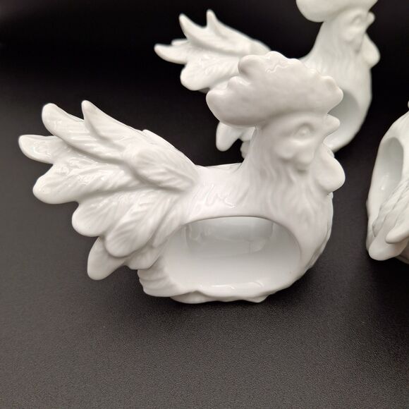 Unique Rooster Large Comb Large Plummage Napkin Rings White Porcelain Set Of 4 - Picture 12 of 13
